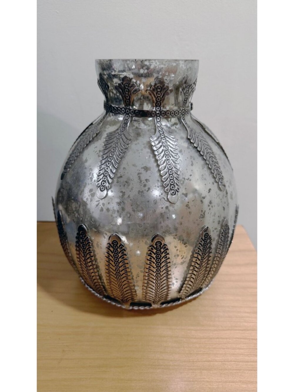 Pottery Barn Madeline Mercury Glass Vase, Metal Filigree Feather Overlay, Large
